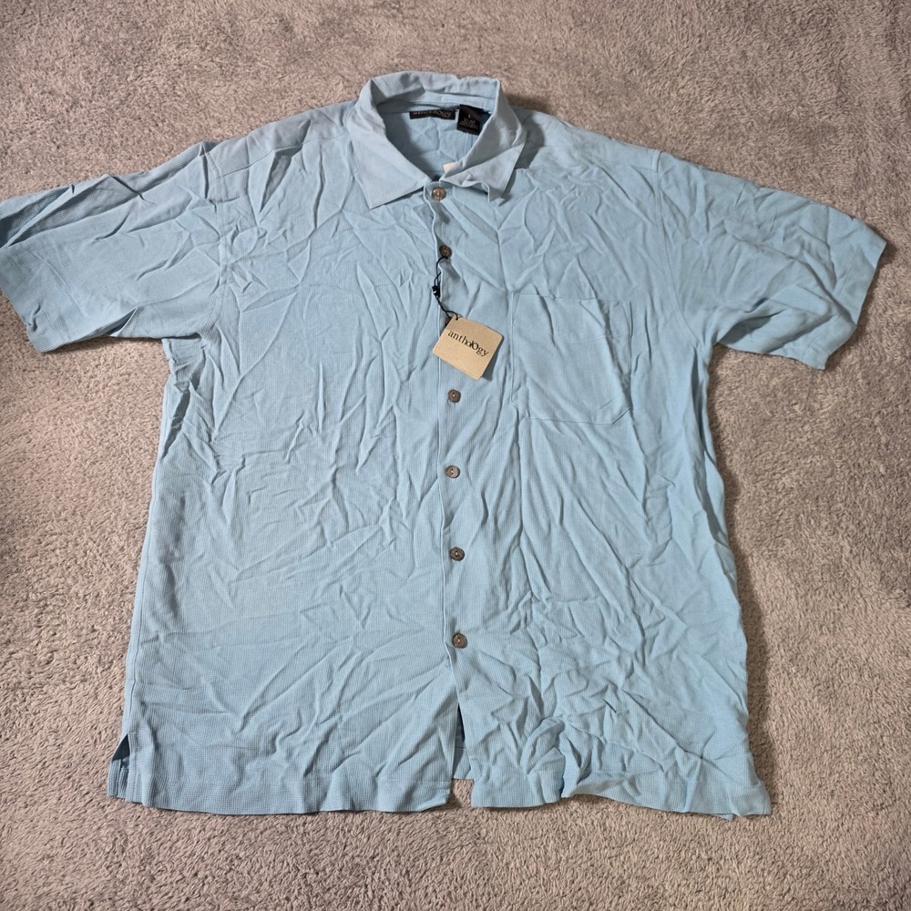 Anthology Mens L Shirt Short Sleeve Blue 100% Washable Silk Textured Button Down